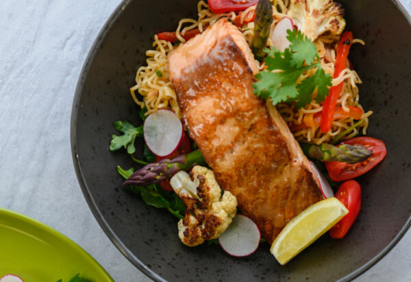 Salmon and veggies on a plate