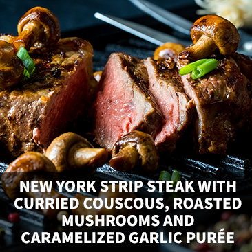 Griffith New York Strip Steak with Curried Couscous, Roasted Mushrooms and Caramelized Garlic Puree