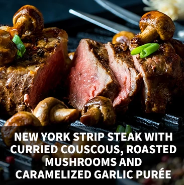Griffith New York Strip Steak with Curried Couscous, Roasted Mushrooms and Caramelized Garlic Puree