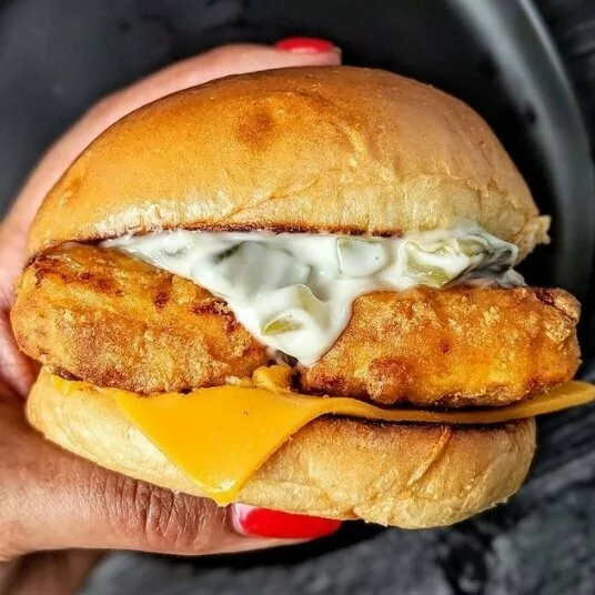 Vegan fishless filet sandwich reminiscent of McDonald's' fish fillet sandwich