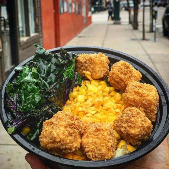 Copycat KFC bowl with popcorn tofu to create a plant-based meal.