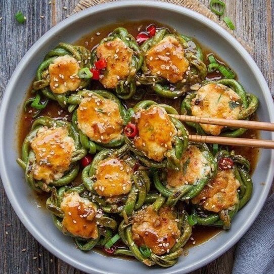 Tofu stuffed long green beans.