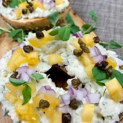 Hearts of palm is used in a whitefish salad for a plant-based bagel sandwich.