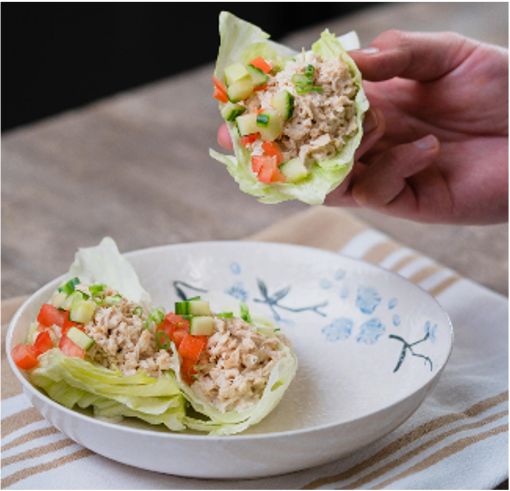 Instant “just add water” plant-based chicken mix lightly bound with a vegan mayonnaise to make Griffith Foods lettuce wraps.