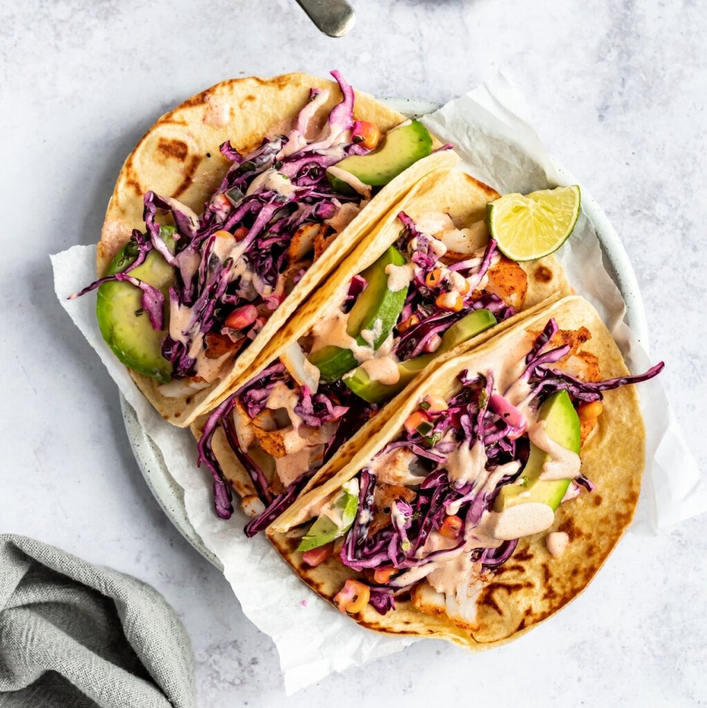 Cauliflower flour tortilla, stuffed with sodium-free seasoned fish strips