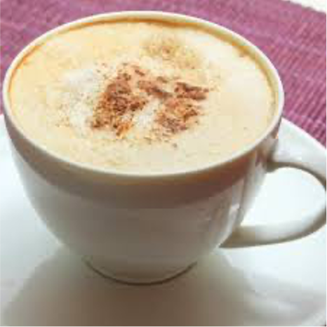 A warm latte frothed with maca, almond milk, vanilla, and agave.