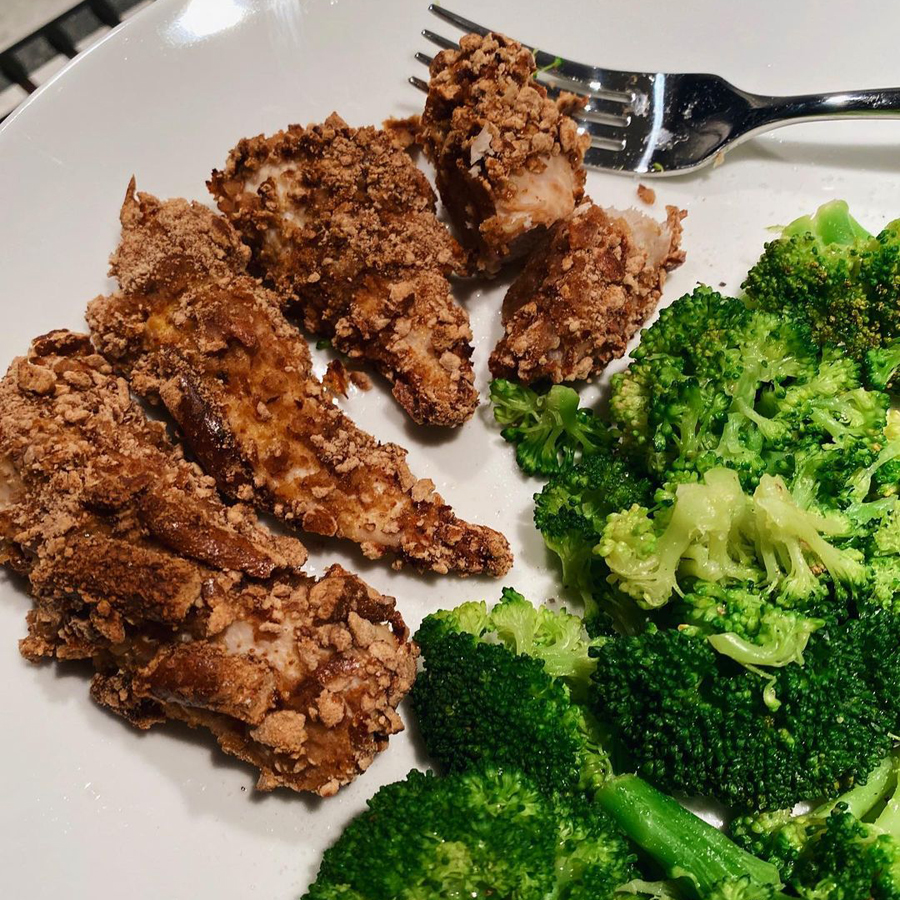 Pretzel-crusted chicken tenders using sprouted sourdough pretzels.