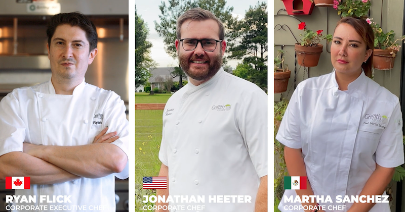 Griffith North America Chefs Ryan Flick (Canada), Jonathan Heether (USA), and Martha Sanchez (Mexico).