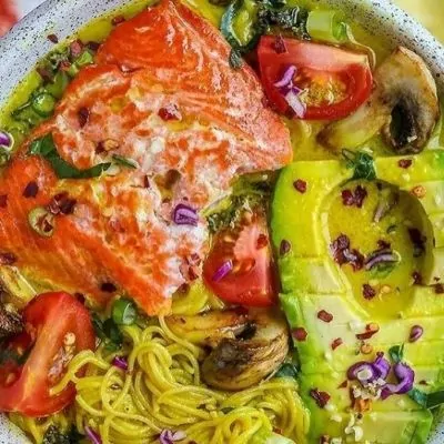 Salmon soup with ginger, turmeric, and garlic powder
