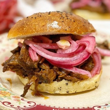 Chuck roast on a bun with gochujang sweet and spicy flavor