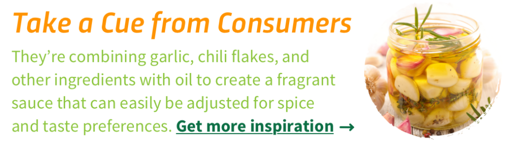 Infographic with garlic and oil in a jar and link to get inspired by consumer uses for garlic