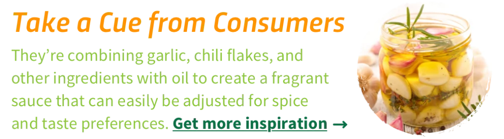 Infographic with garlic and oil in a jar and link to get inspired by consumer uses for garlic