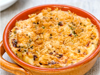 Classic Baked Mac’ & Cheese made with a protein fortified cheese sauce and topped with a savory textured wheat protein topper.