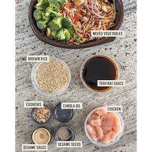Ingredients needed to make Original Joe's teriyaki chicken bowl.