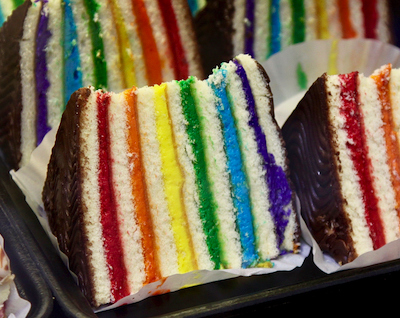 Close-up of rainbow cake at a bakery