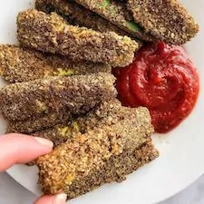 Zucchini fries made with leftover, dried-out almond pulp from making almond milk. 