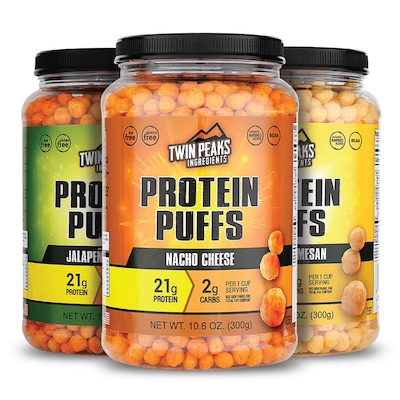 Twin Peaks Nacho Cheese Protein Puffs are tossed in a robust seasoning and baked to deliver a crispy, crunchy bite.