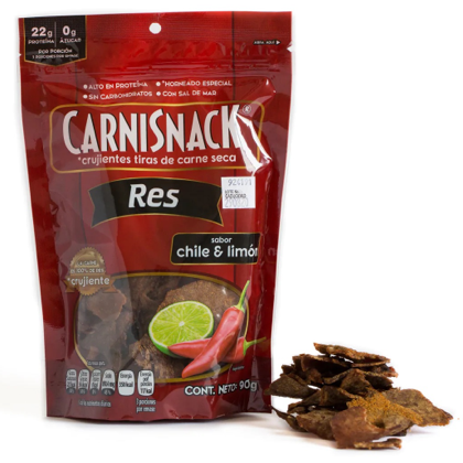 A resealable bag of CarniSnack beef jerky in the chili lime flavor.