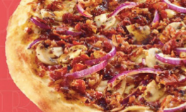 Limited-time Korean BBQ pizza from Toppers, a QSR, sold in Canada and featured BBQ, bacon, mushroom, and onion.
