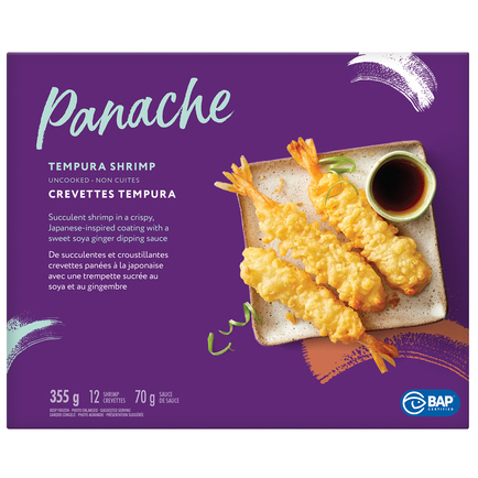 A box of frozen panache frozen tempura shrimp.