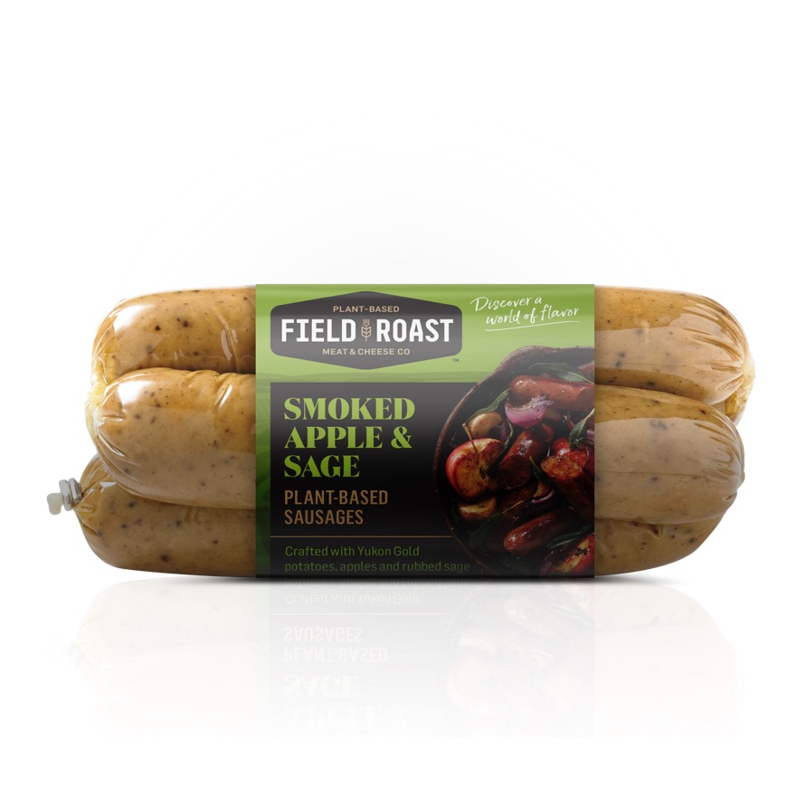 A shrink-wrapped package of Field Roast Smoked Apple & Sage Plant-Based Sausages.