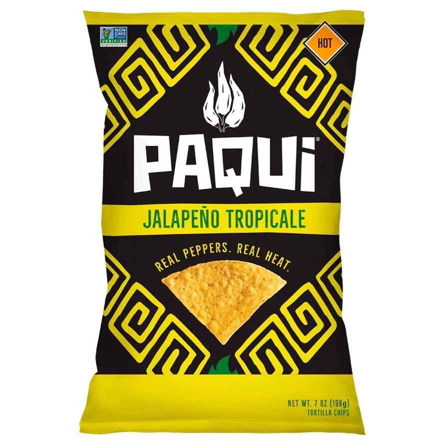 A yellow and black bag of Paqui Jalapeno Tropicale chips.