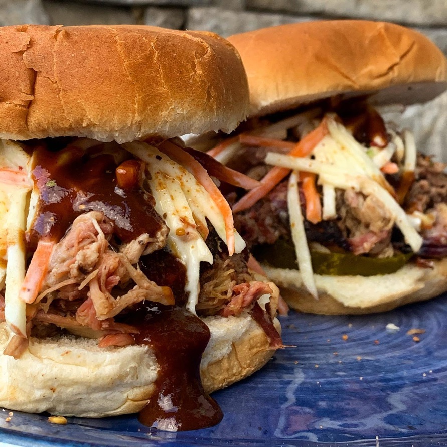 Pulled pork slider topped with tangy apple slaw, sweet heat pickles, and a Northeast apple maple barbecue sauce. 