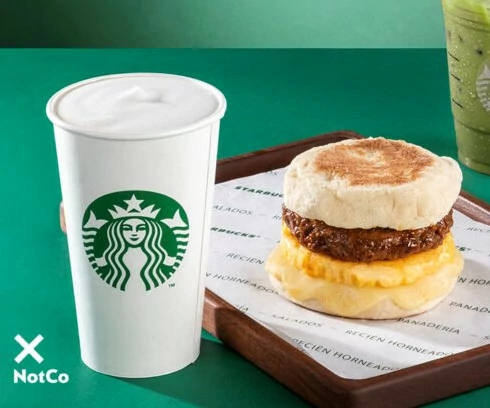 Starbucks Mexico UnReal Muffin made with plant-based NotBurger from NotCo. Pictured with coffee beverage made with plant-based milk.