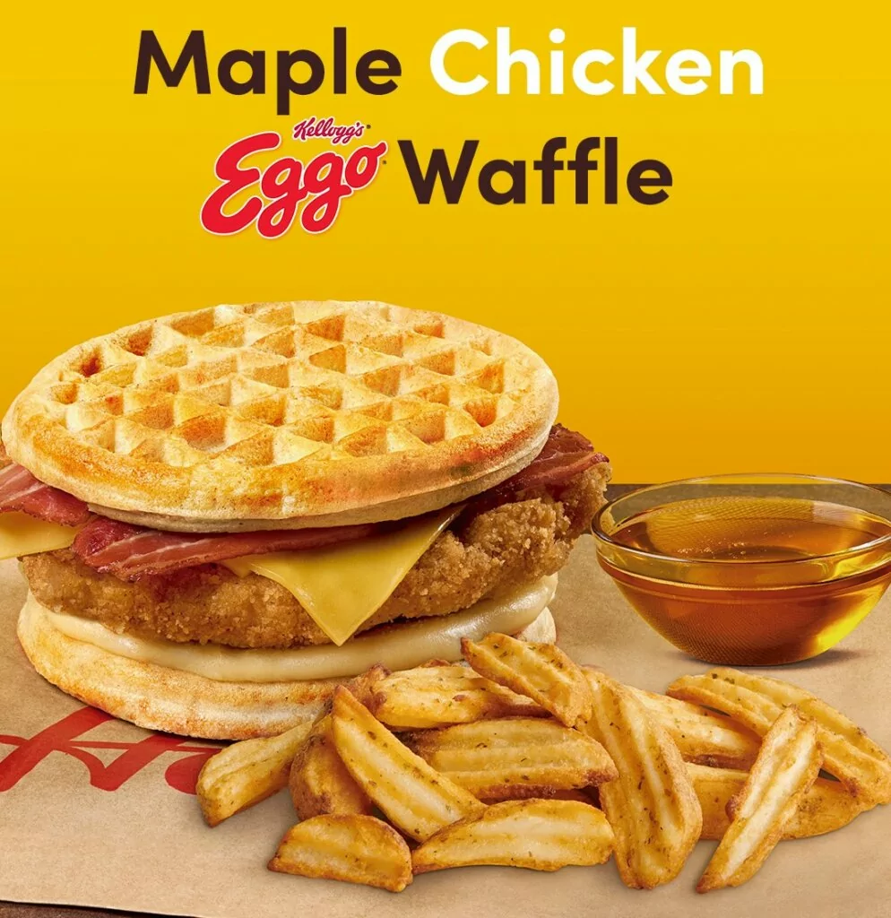 Advertisement for Tim Hortons Mexico Maple Chicken Kellogg's Eggo Waffle with fries and maple syrup on side