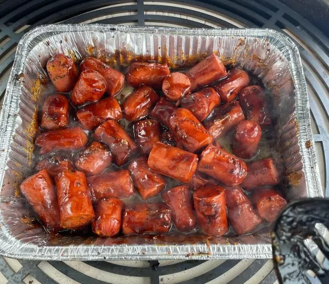 Sweet, smoky bbq hot dog burnt ends