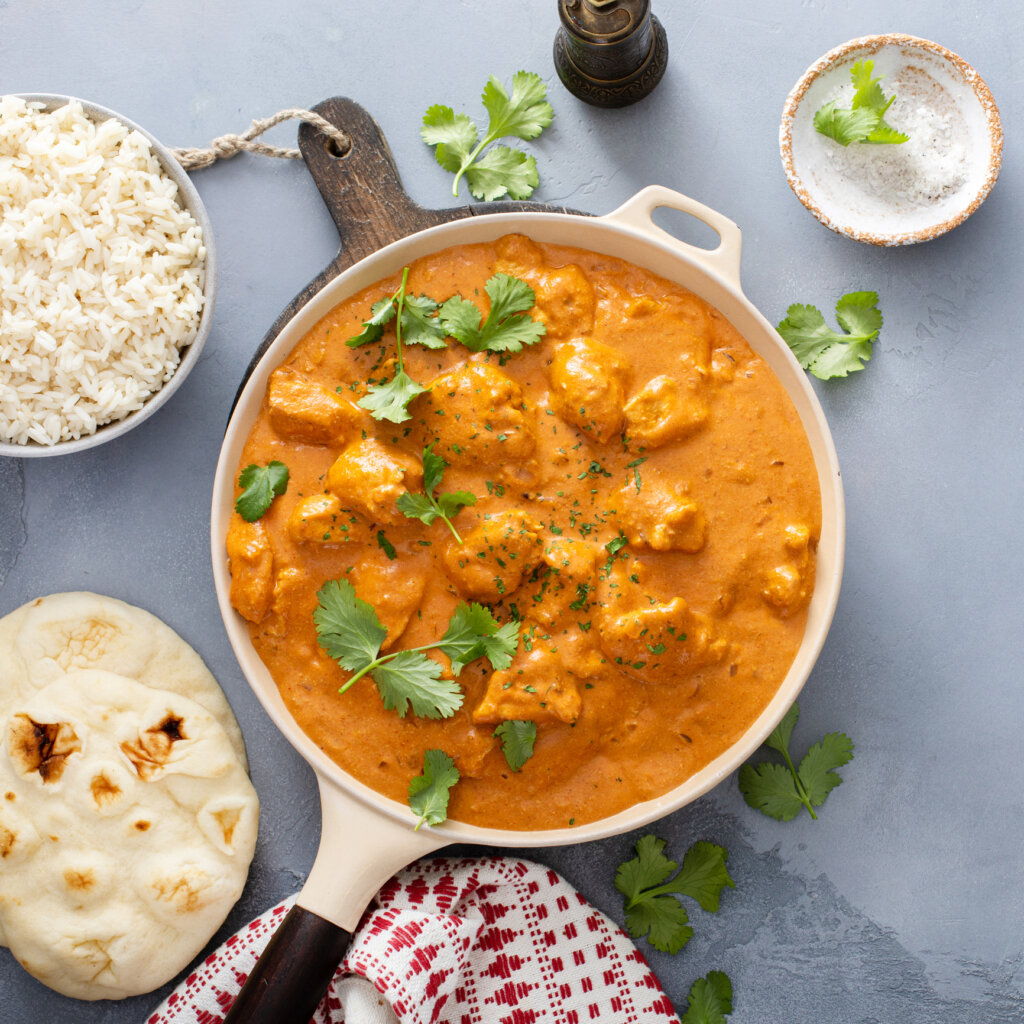Chicken tikka masala, cooked marinated chicken in spiced curry sauce