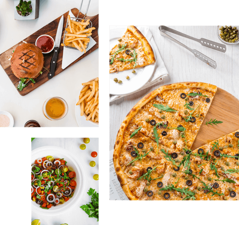 fresh pizza, burgers, and fries